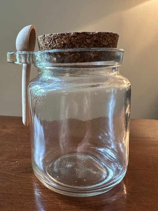 Other - Small glass jar with a cork stopper • wooden spoon holder